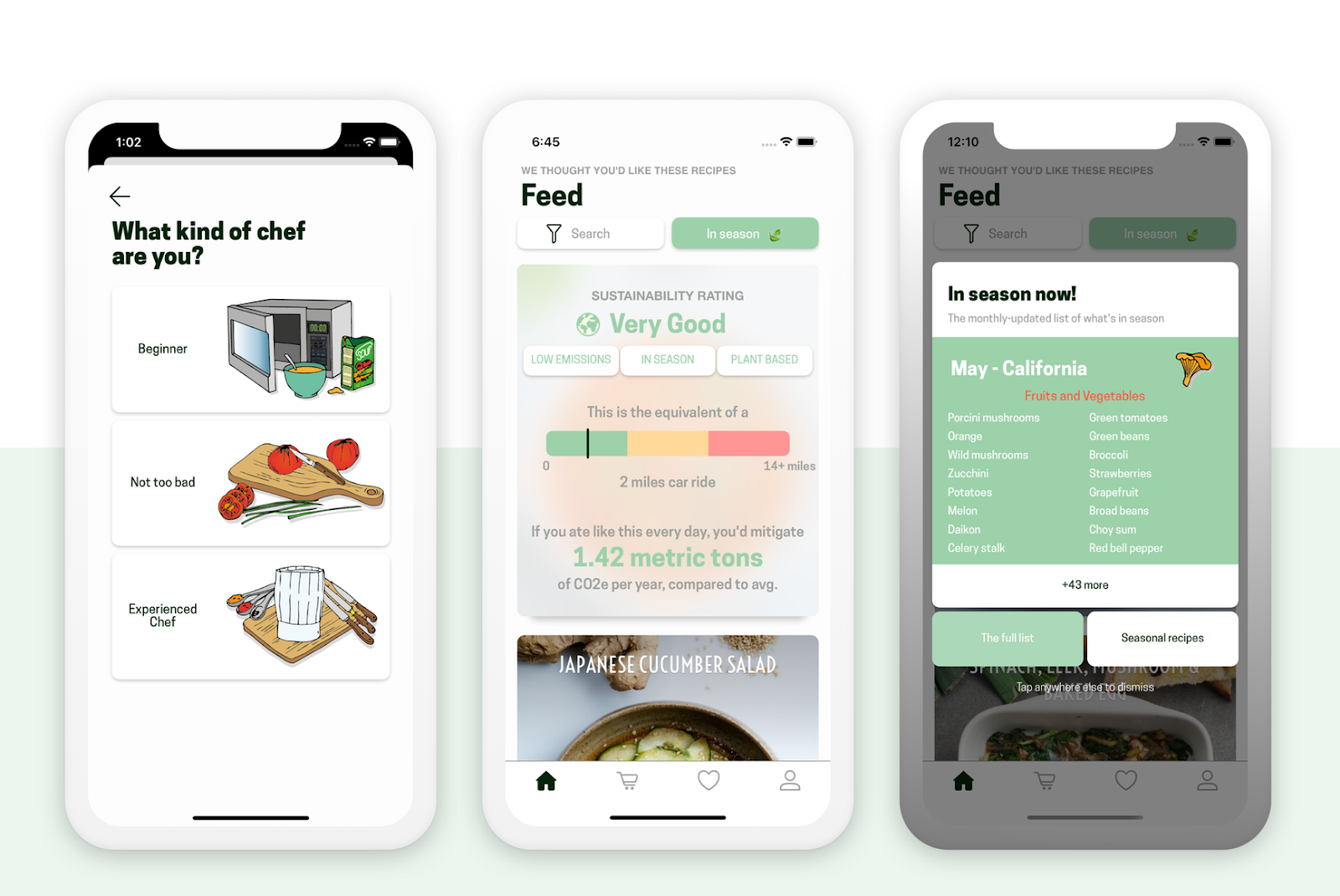 Snapshots of the Kuri app which calculates the carbon footprint of your personalized, seasonal recipes.